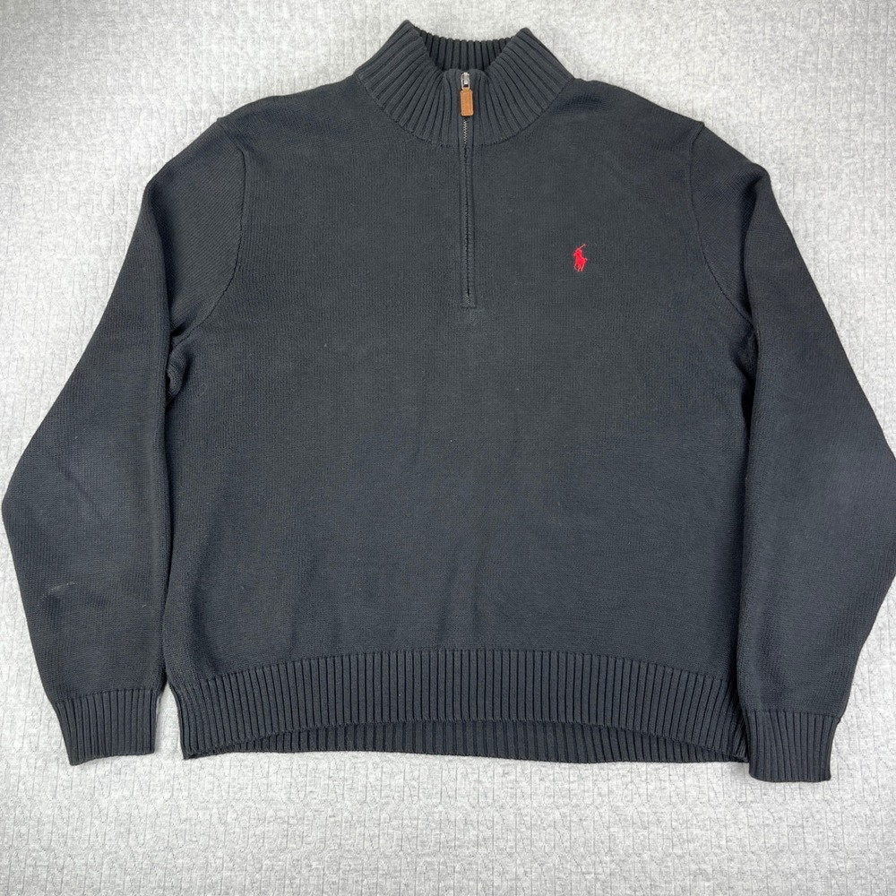 Vintage Polo Ralph Lauren Quarter Zip Pullover Men XXL Black Cotton Knit Sweater